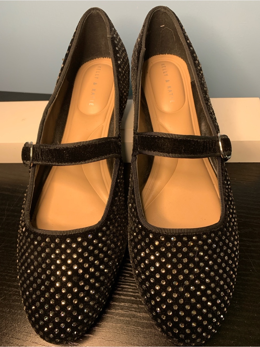 Kelly & Katie Black Velvet Mary Jane Flats with Silver Studs